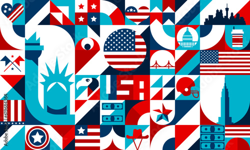Abstract geometric USA shapes, bauhaus pattern of american travel landmarks. Vector background of simple geometric figures, stars and stripes flag, statue of liberty, bridge, eagle and cowboy hat