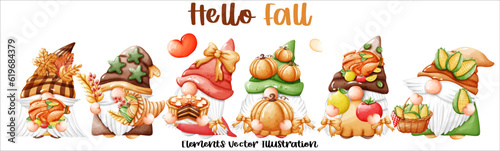Set Gnomes Hello Fall Autumn Pumpkin and autumn leaves Elements Watercolor Vector File ,Clipart Cute cartoon style For banner, poster, card, t shirt, sticker