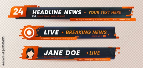 Lower third header, headline and news bar, tv banners and video titles vector templates on transparent background. Lower third layouts set, breaking news broadcast and live television screen headers