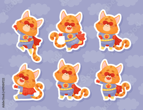 Fototapeta Naklejka Na Ścianę i Meble -  Funny Cat Superhero in Mask and Cloak Vector Sticker Set