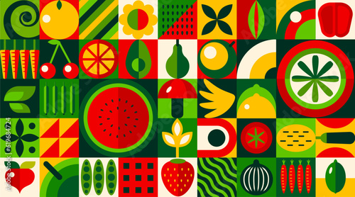 Summer garden fruits and vegetables abstract geometric bauhaus pattern. Farm food vector background with flat geometry mosaic of watermelon, carrot, lemon, plant flower and leaf, agriculture themes