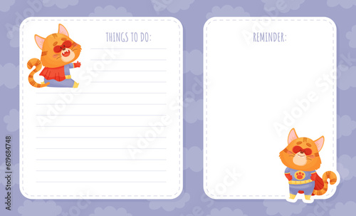 Note and Reminder Card with Cat Superhero Vector Template