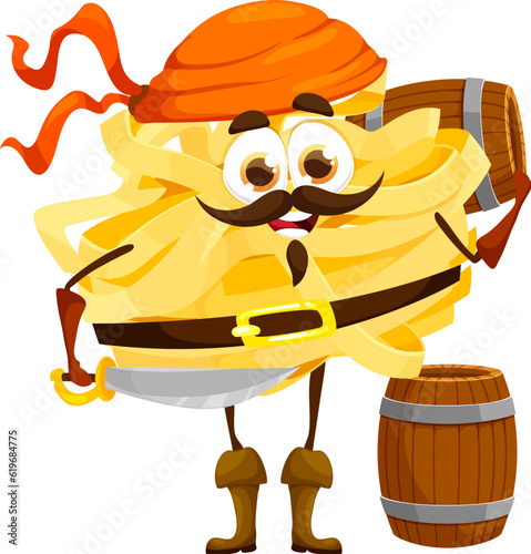 Cartoon fettuccine italian pasta pirate character. Italy cuisine pasta corsair childish mascot, fettuccine privateer or pasta filibuster pirate isolated vector comical personage with wooden barrels