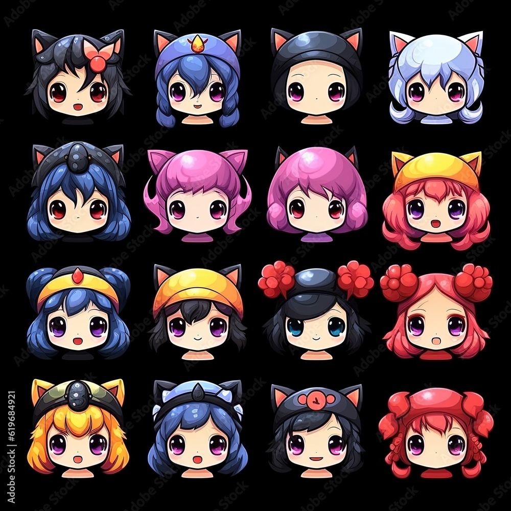 set of pixel chibi kawaii girl character generated ai