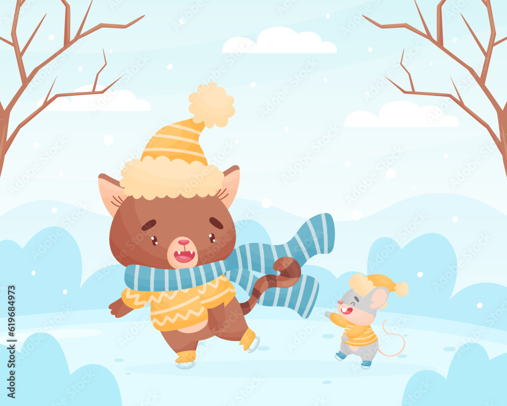 Fototapeta premium Cute Friendly Cat and Mouse Ice Skating Together Vector Illustration