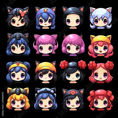 set of pixel chibi kawaii girl character generated ai