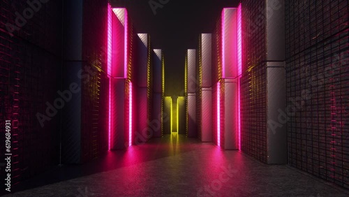 Neon Light Walls with swipe light animation, chasing forwards, glowing outer panels in yellow, magenta & cyan colors, seamless VJ Loop photo