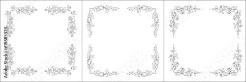 Set of three vector frames with roses. Elegant black and white monochrome ornamental corners. Vector frame for all sizes and formats. Isolated vector illustration.