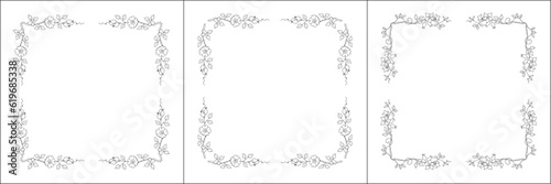 Set of three vector frames with roses. Elegant black and white monochrome ornamental corners. Vector frame for all sizes and formats. Isolated vector illustration.
