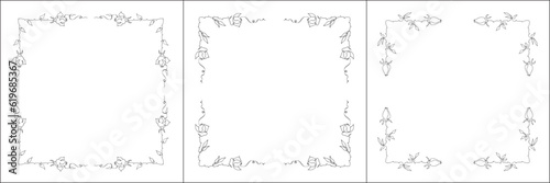 Set of three vector frames with roses. Elegant black and white monochrome ornamental corners. Vector frame for all sizes and formats. Isolated vector illustration.