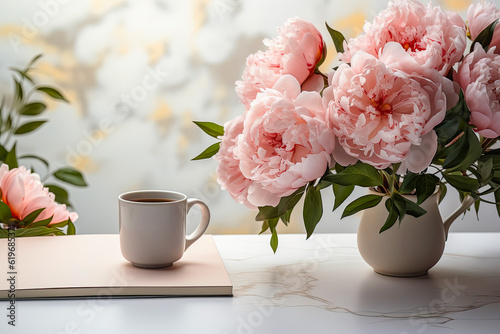 Wallpaper Mural Bouquet of delicate pink peonies in vase on table, next to a cup of hot tea or coffee, AI generated Torontodigital.ca