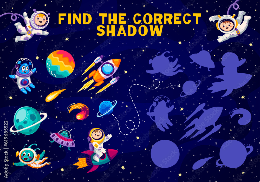 Find the correct shadow of space characters and planets. Kids vector game worksheet, matching children logic activity, preschool education with cute astronauts, aliens, rockets and cosmic objects