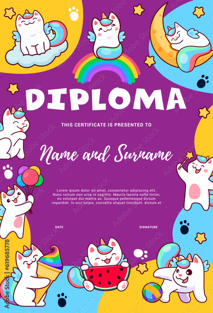 Fototapeta premium Kids diploma, cartoon cute caticorn cats and kitten characters, vector education certificate. Caticorn or kitty unicorn on rainbow with ice cream and balloon on school or kindergarten workshop diploma