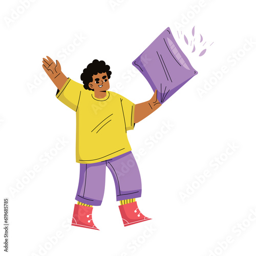 Boy Hooligan with Bad Behavior Fighting with Pillow Vector Illustration