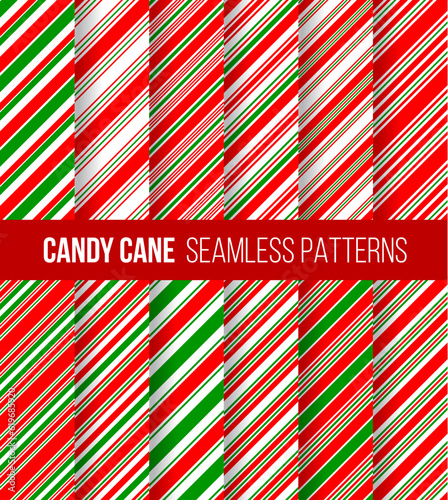 Candy cane Christmas patterns. Red, white and green stripes background of vector Xmas holiday sweets. Christmas peppermint lollipop or Xmas stick candy geometric patterns set with color diagonal lines