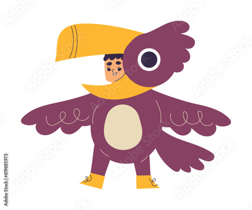 Little Boy Character Wearing Parrot Animal Costume Having Fun Vector Illustration