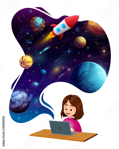Child girl with laptop dreaming about space planets and galaxy flight. Cartoon vector kid character browsing internet for searching information about Universe, cosmos discovery and astronomy science