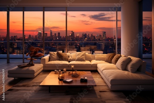 Chic interior design of modern living room at sunset in big city