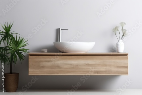 Wall-mounted vanity with white ceramic vessel sink. Interior design of modern scandinavian bathroom © XtzStudio