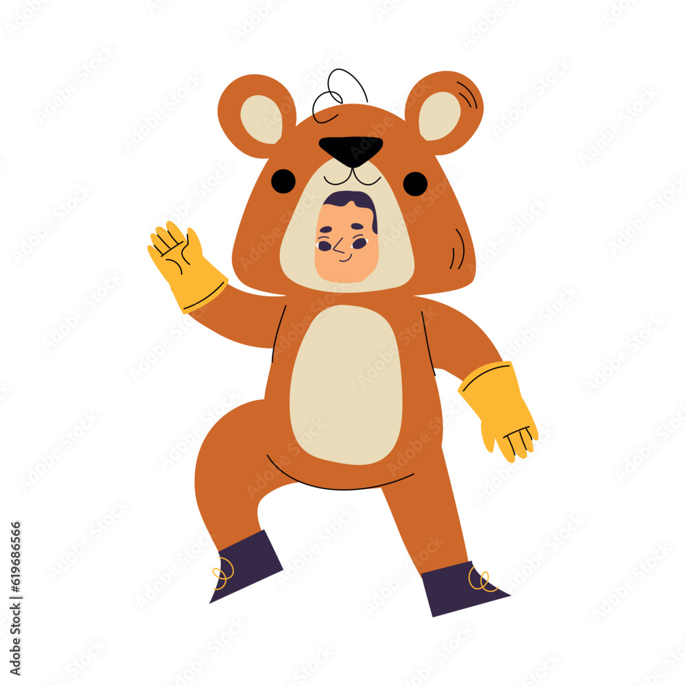 Obraz premium Little Boy Character Wearing Bear Animal Costume Having Fun Vector Illustration