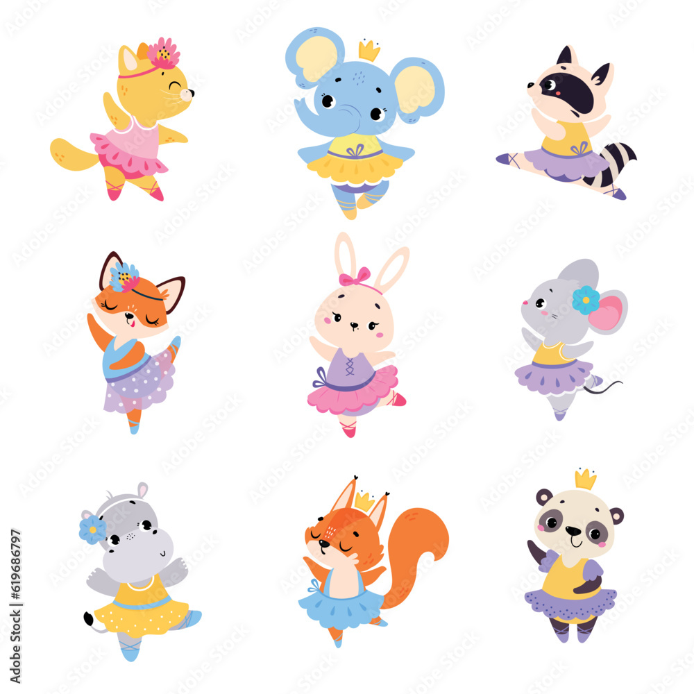 Funny Animal Ballet Dancing in Skirt and Pointe Shoes Vector Set Funny Animal Ballet Dancing in Skirt and Pointe Shoes Vector Set
