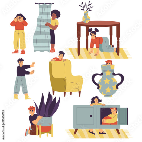 Children Playing Hide and Seek Indoor at Home Vector Set