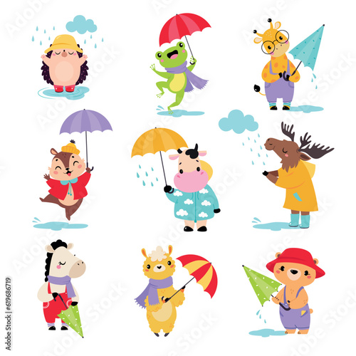 Cute Animals in Rainy Day Walking with Umbrella Vector Set