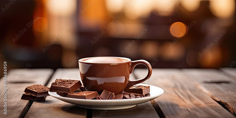 Obraz premium White cup of hot chocolate on blurred cafe background on vintage wooden Table