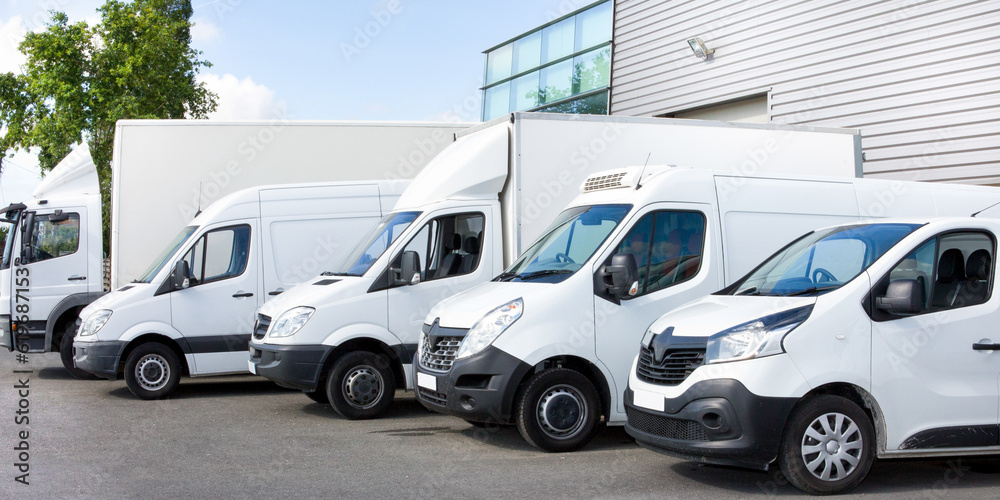 Several cars vans trucks parked in parking lot for shipping delivery Outside of Logistics Distributions Warehouse