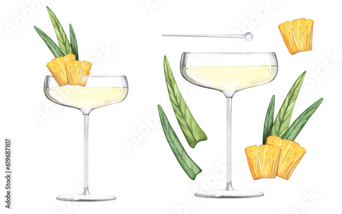 Set French pineapple cocktail with a slice of pineapple. Champagne with fruits. Alcoholic drink in a stemmed glass. Watercolor illustration on a white background.