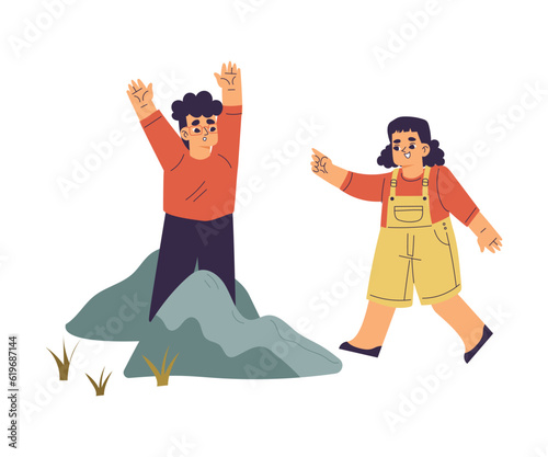 Little Girl Find Boy Playing Hide and Seek Vector Illustration