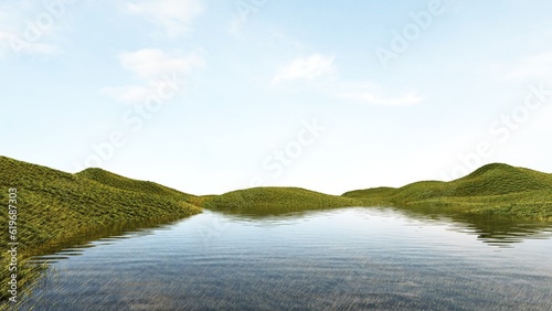 3d render of surreal landscape with  podium in the water and green grass. Podium, display on the background of abstract glass, mirror shapes and objects. Fantasy world, futuristic fantasy image.
