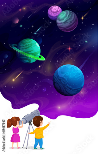 Cartoon boy and girl kids looking through a telescope at space planets. Excited vector children explore night starry sky, vast mysteries of Universe, learn astronomy science, observe galaxy wonders