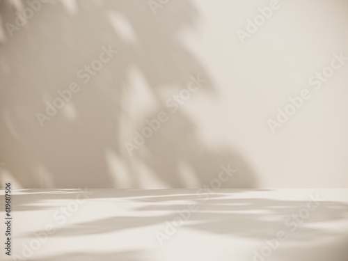 3d summer podium, display with yellow abstract object and flower on the background of shadows. Showcase for advertising products, cosmetics. Summer banner for product presentation and advertising.