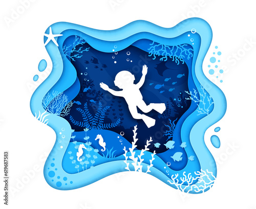 Diver silhouette on sea paper cut landscape. Seahorse, seaweeds and fish shoals mesmerizing underwater 3d vector scene. Mysterious, and teeming with marine life, it captures the beauty of ocean depths