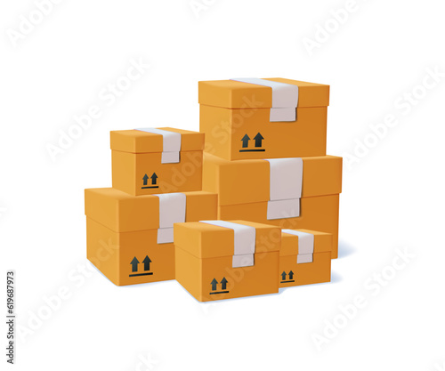 3D stacked cardboard boxes. Packed cargo, goods, parcels pile. Many carton packages heap, group. Sealed freight storage and shipment. 3D vector illustration isolated on white background