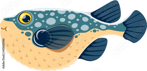 Fugu or puffer fish character. Isolated cartoon vector unique marine animal known for their ability to inflate their bodies into a spiky ball for defense. They have bulging eyes and a beak-like mouth