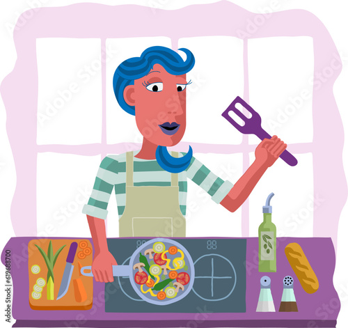A scene of a woman cooking or preparing a healthy meal like vegetable curry or Chinese food a kitchen. In an abstract cubist flat modern cartoon style