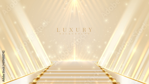 Staircase screen with empty space for product showcase or awards ceremony decorated with spotlights and ambient bokeh effect and sparkling gold. Modern luxury background art.