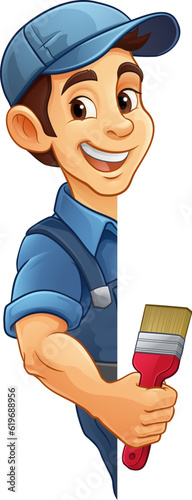 A painter decorator handyman cartoon construction man mascot character holding a paint brush tool