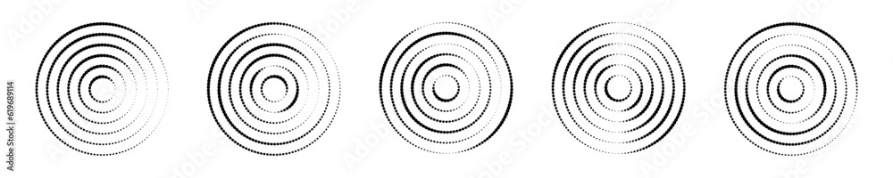 Set of circular ripple icons. Concentric circles with polka dotted broken lines isolated on white background. Vortex, whirpool, sonar or radar signal, soundwave signs Set of circular ripple icons. Concentric circles with polka dotted broken lines isolated on white background. Vortex, whirpool, sonar or radar signal, soundwave signs