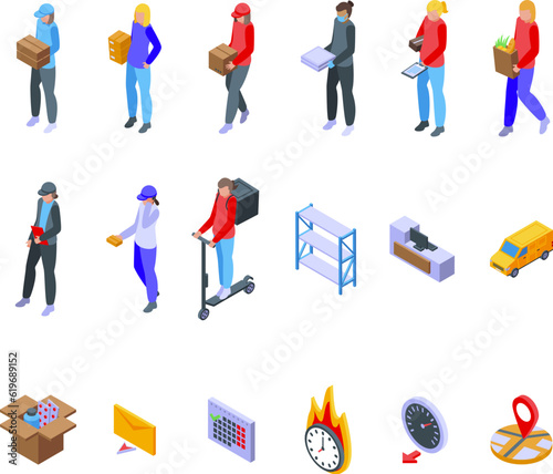 Woman courier icons set isometric vector. Delivery person. Cap parcel