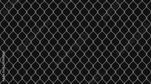 Steel wire chain link fence or rabitz seamless pattern. Metal lattice with rhombus shape silhouette. Grid fence background. Prison wire mesh seamless texture. Vector illustration on black background.