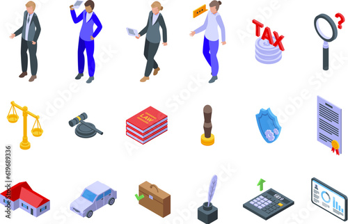 Legal adviser icons set isometric vector. Office law. Internet jury