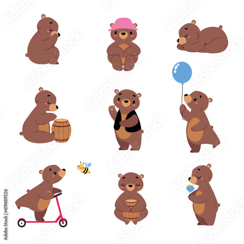 Cute Bear Character Engaged in Different Activity Vector Set