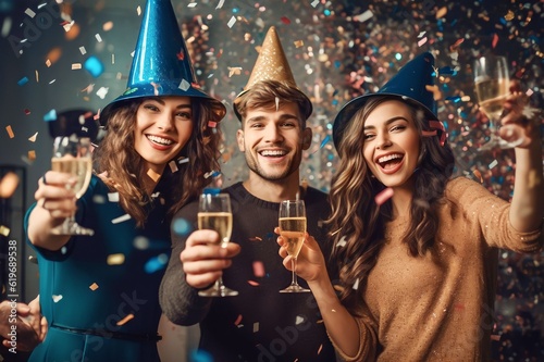 Friends or family celebrating New Year's Eve with champagne, confetti and party hats