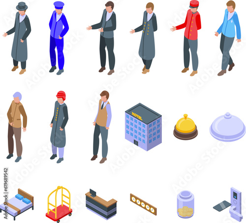 Doorman icons set isometric vector. Hotel book. Room service