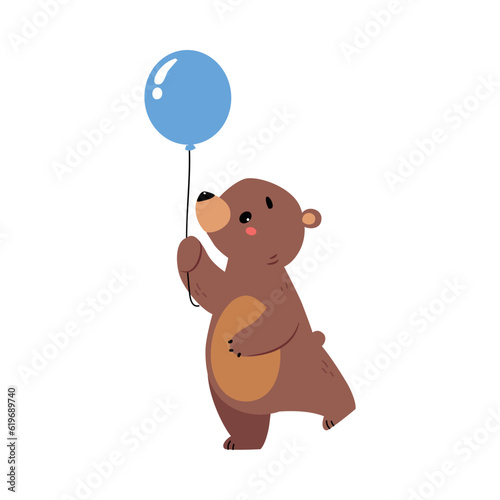 Cute Bear Character with Rounded Ears Walking with Blue Balloon Vector Illustration