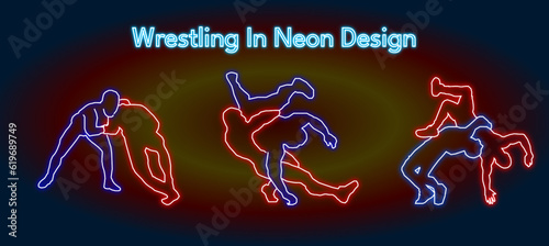 Silhouettes of wrestlers during a duel in neon design