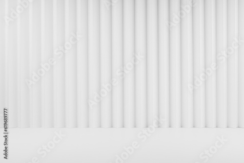 White abstract background of vertical striped rippled pattern, perspective, floor, stage mockup for presentation cosmetic products, goods, advertising, design, elegant light modern purity calm style.